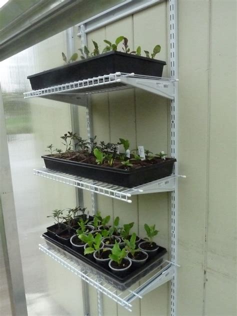 using metal racks in green house|alternative to greenhouse shelving.